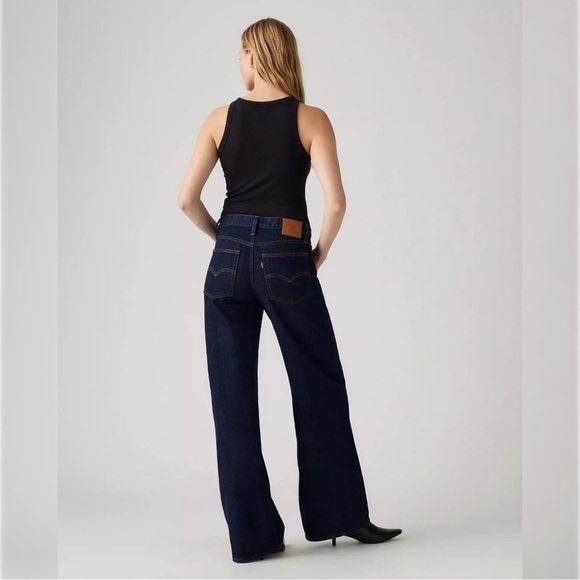 Levi's XL Wide Leg Straight Jeans 32 High Dark Denim Blue Waist Tie Classic - Picture 3 of 15